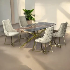 Kiera Dining Set – 6 Beige Velvet Chairs with Gold Metal Legs & Elegant Table