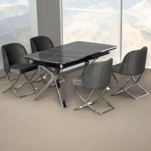 Modern Grey 4-Seater Dining Set – Elegant Marble-Look Table with Quilted Chairs