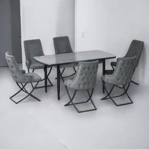 Modern Grey 6-Seater Dining Set – Elegant Marble-Look Table with Quilted Chairs