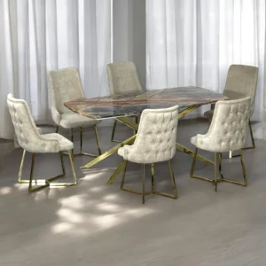 Indji Dining Set – Trapezoidal Table with 6 Beige Velvet Chairs & Gold Accents