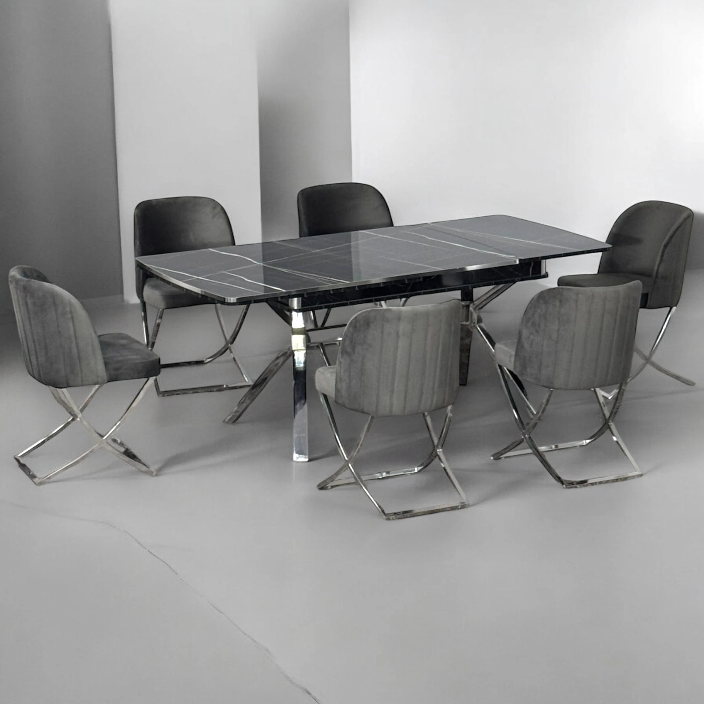 Modern Grey 4-Seater Dining Set – Elegant Marble-Look Table with Quilted Chairs - Image 2