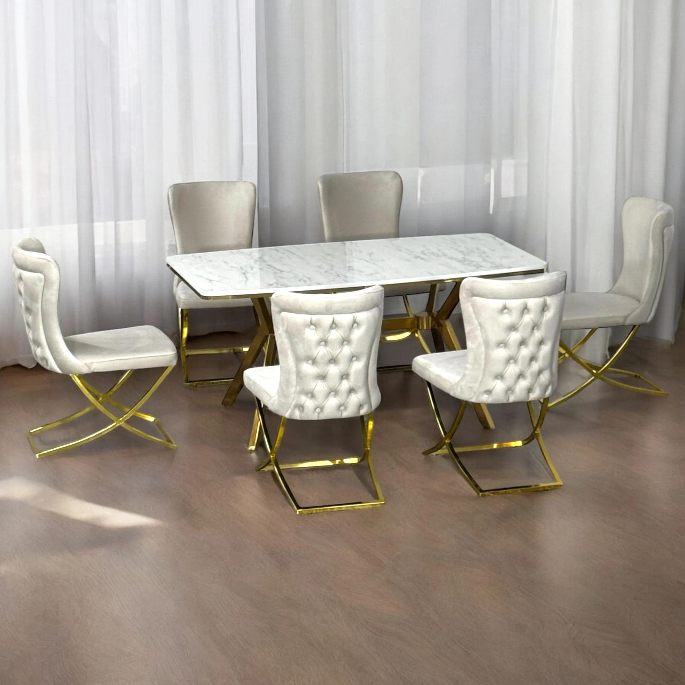 Clara Taupe Velvet & Gold Dining Set – Table + 4/6 Chairs